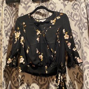 LC Lauren Conrad Faux Wrap Tie Top Black White and Pink Floral